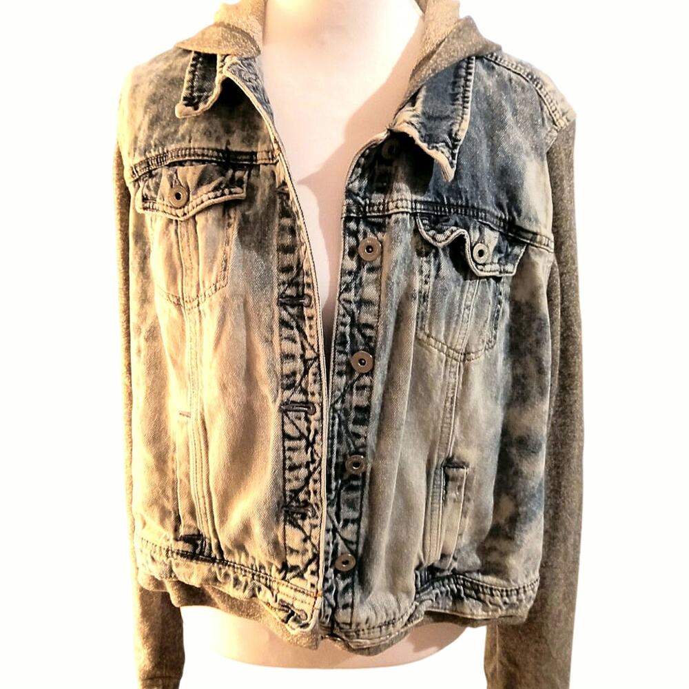 Y2K LEI Stone Acid washed  denim jacket Hooded XXL button distress Thrashed Rock